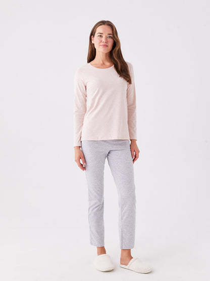 Crew Neck Plain Long Sleeve Women's Pajama Set