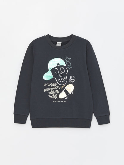 Crew Neck Printed Reversible Sequined Long Sleeve Boy's Sweatshirt