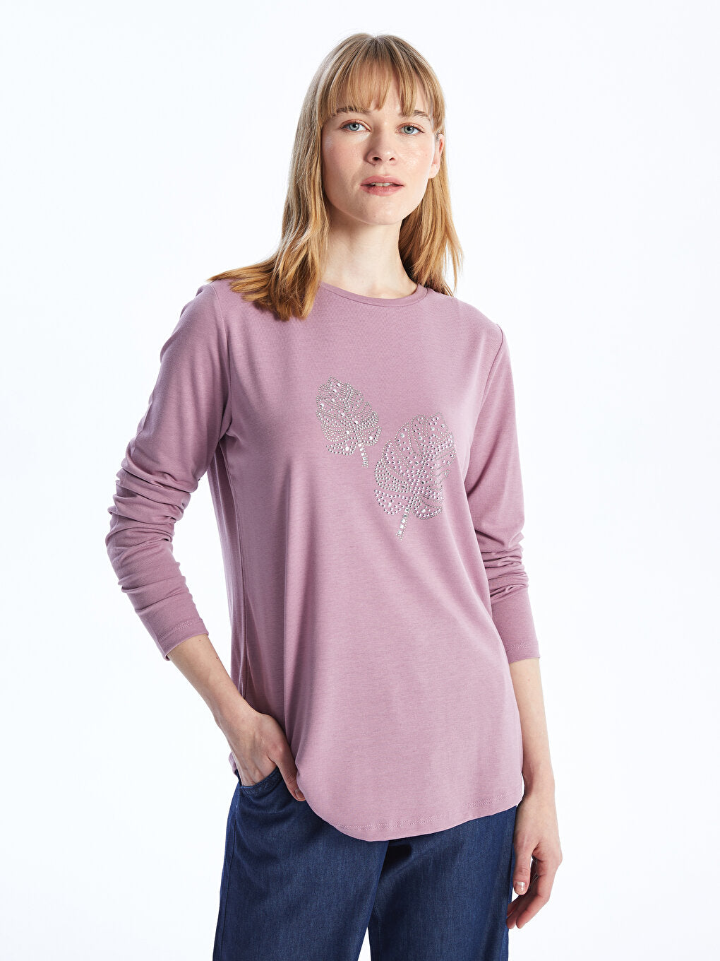 Crew Neck Printed Long Sleeve Women's Blouse