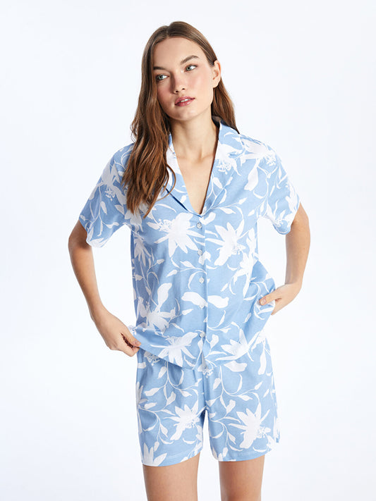 Shirt Collar Patterned Short Sleeve Women's Pajama Set with Shorts