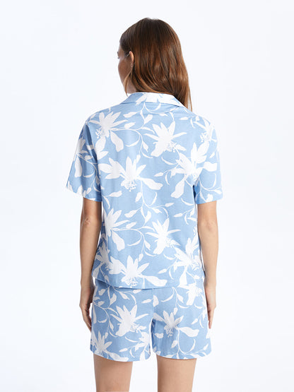 Shirt Collar Patterned Short Sleeve Women's Pajama Set with Shorts