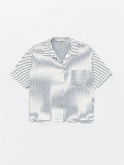 Striped Short Sleeve Linen Blend Women's Shirt