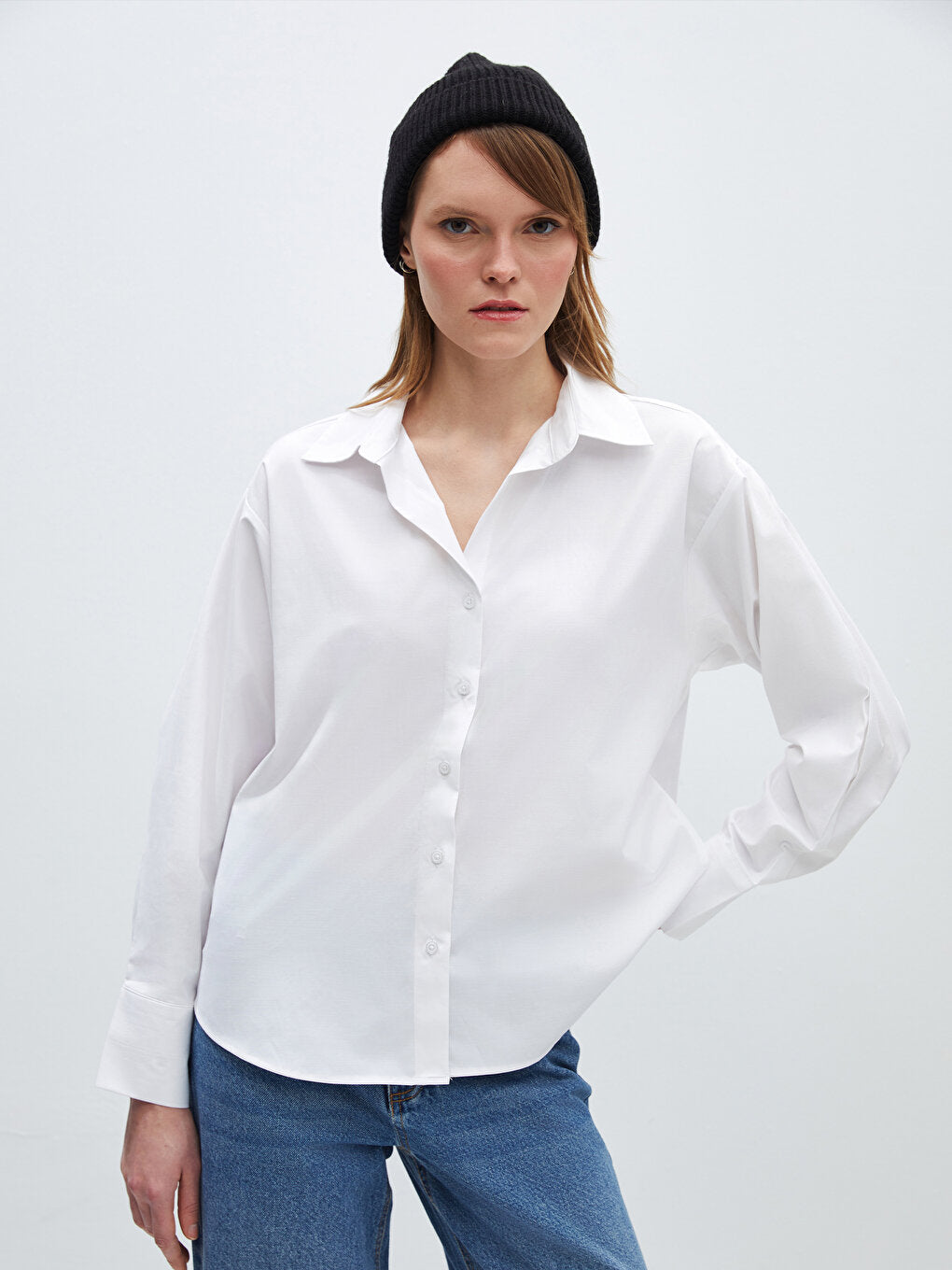 Plain Long Sleeve Oversize Poplin Women's Shirt