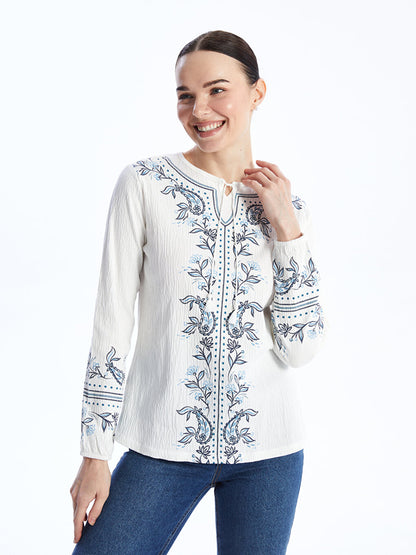 Tie Collar Patterned Long Sleeve Women's Blouse