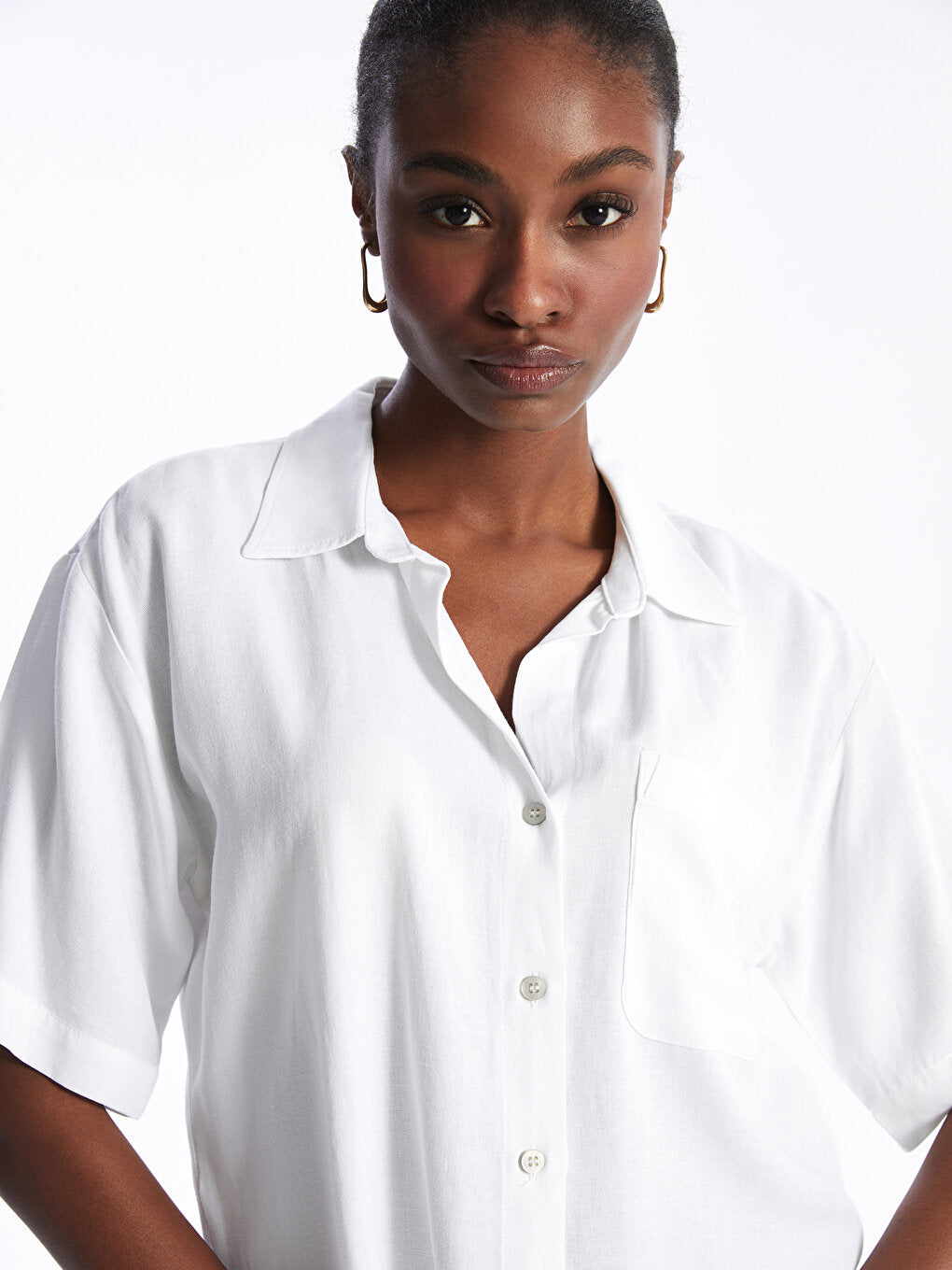 Plain Short Sleeve Linen Blend Women's Shirt