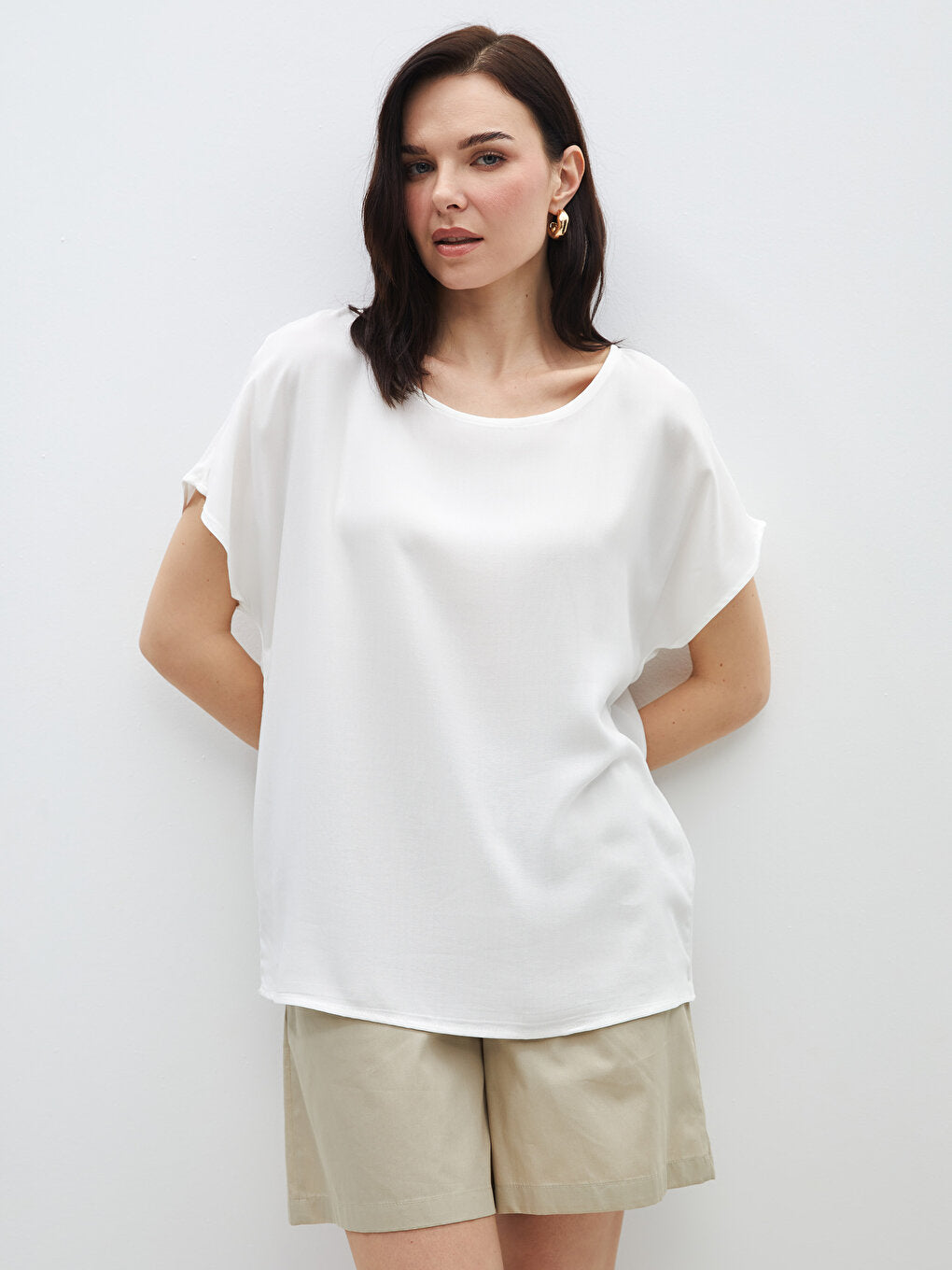 Crew Neck Plain Short Sleeve Women's Blouse