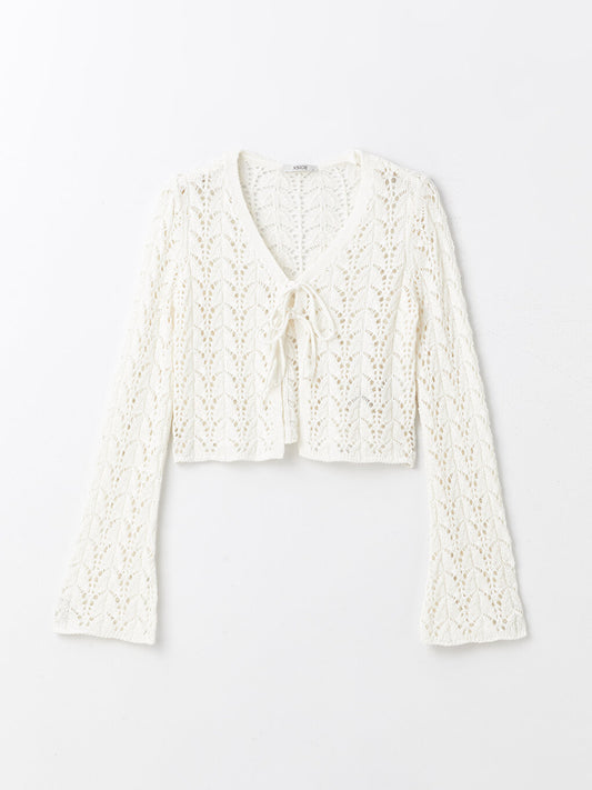 V-Neck Openwork Long Sleeve Women's Knitwear Cardigan