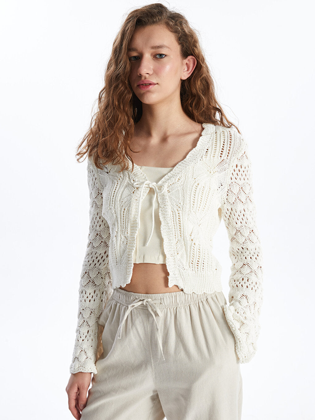 V-Neck Openwork Long Sleeve Crop Women's Knitwear Cardigan