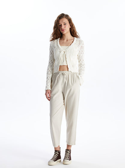 V-Neck Openwork Long Sleeve Crop Women's Knitwear Cardigan