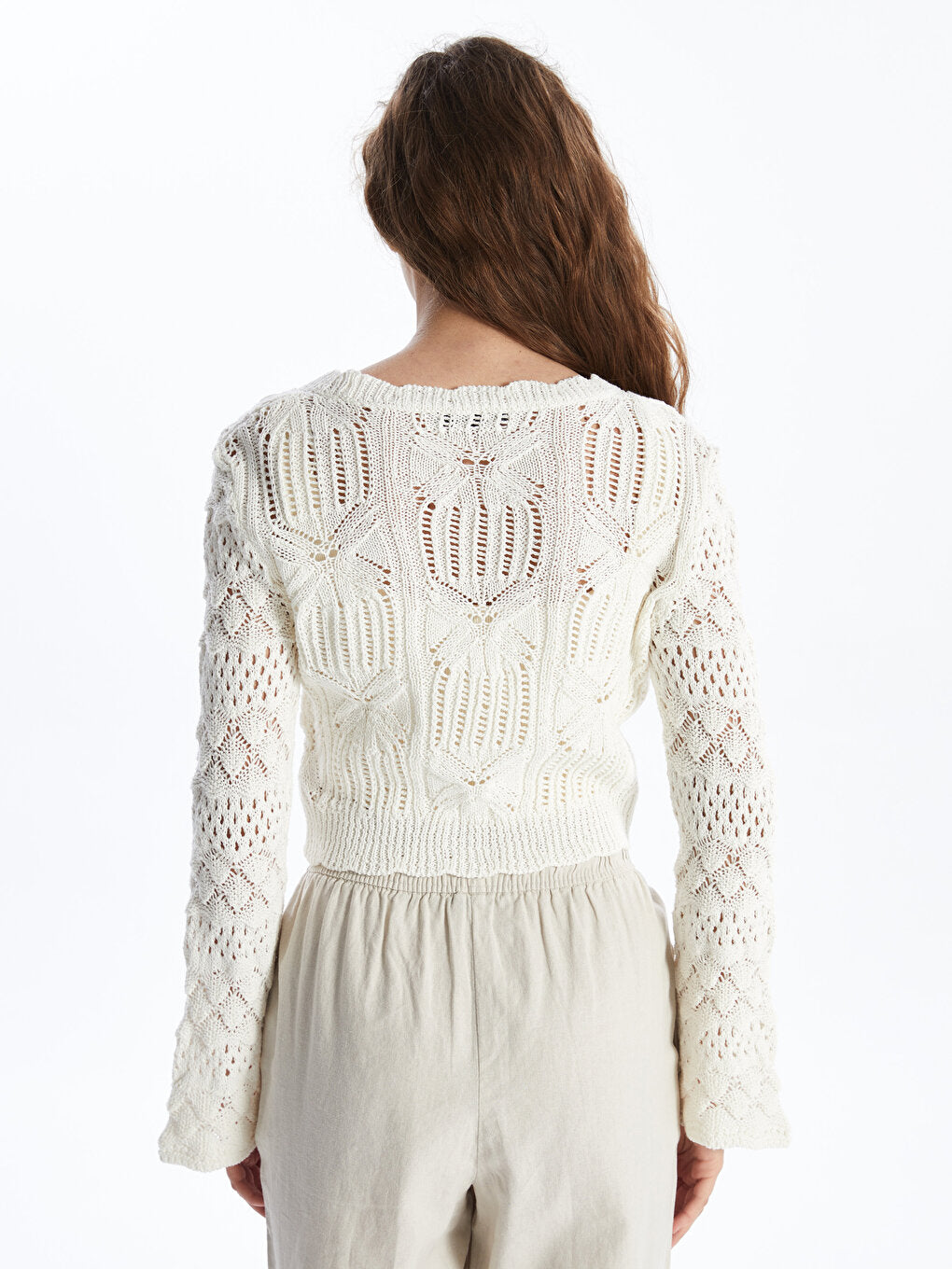 V-Neck Openwork Long Sleeve Crop Women's Knitwear Cardigan