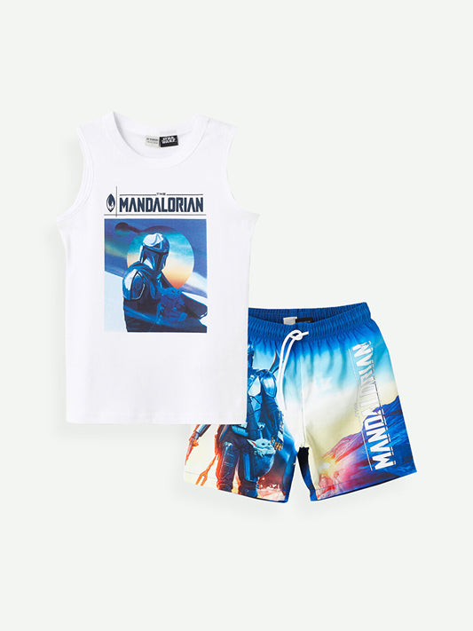 Crew Neck Mandalorian Printed Boy's Undershirt and Swim Shorts