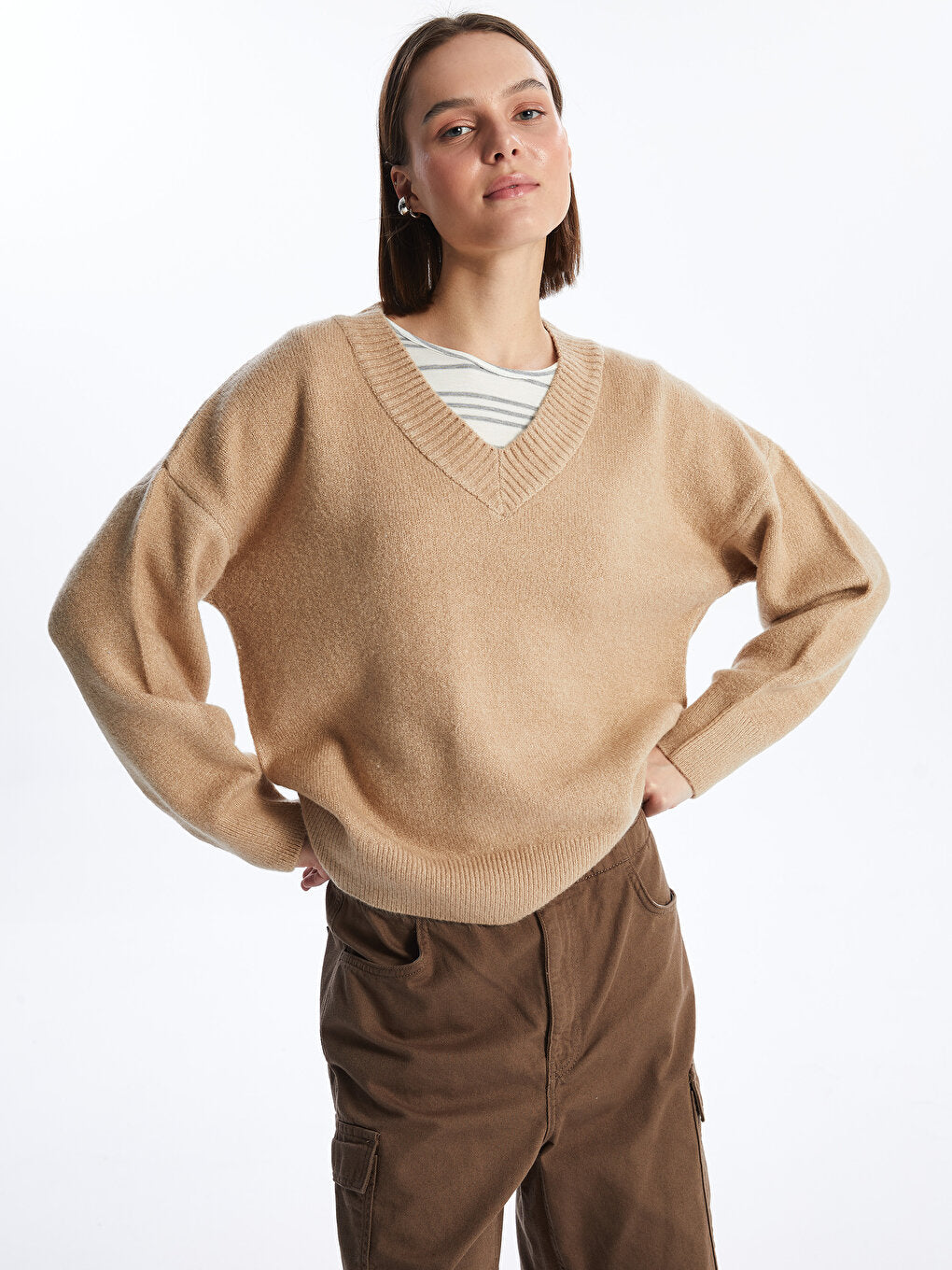 V-Neck Plain Long Sleeve Oversize Women's Knitwear Sweater