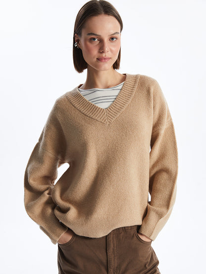 V-Neck Plain Long Sleeve Oversize Women's Knitwear Sweater