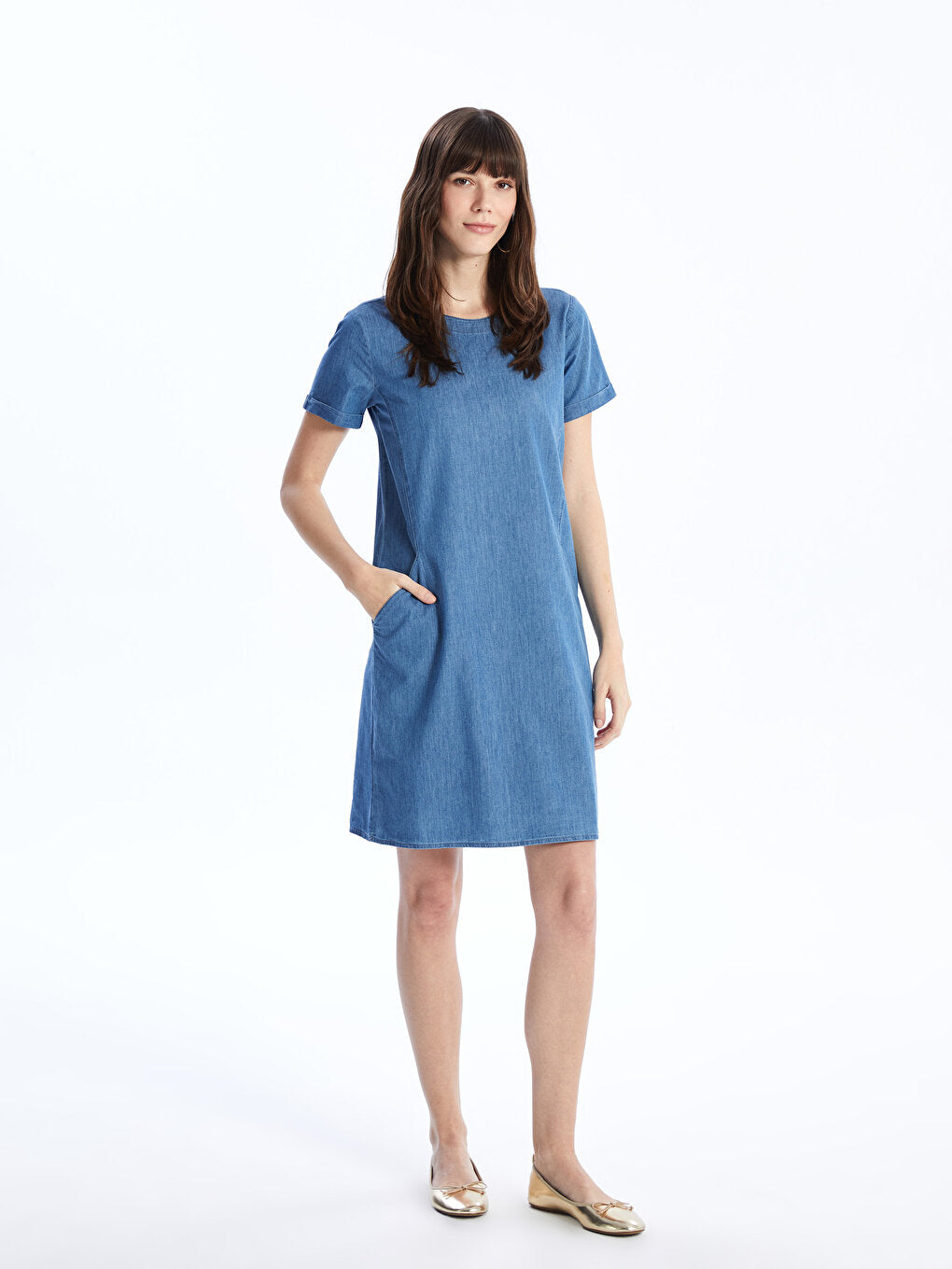 Crew Neck Straight Short Sleeve Women's Jean Dress