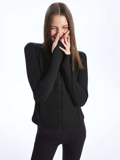 High Collar Plain Long Sleeve Women's Zipper Sweatshirt