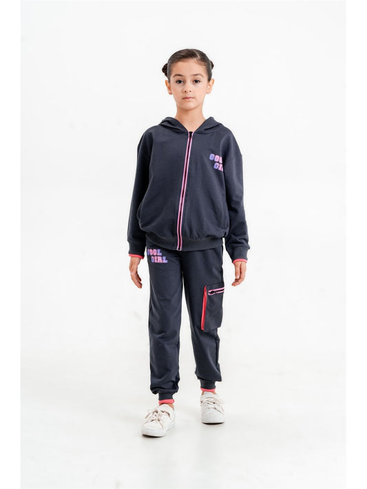 Hooded Printed Long Sleeve Girls' Zippered Sweatshirt and Sweatpants