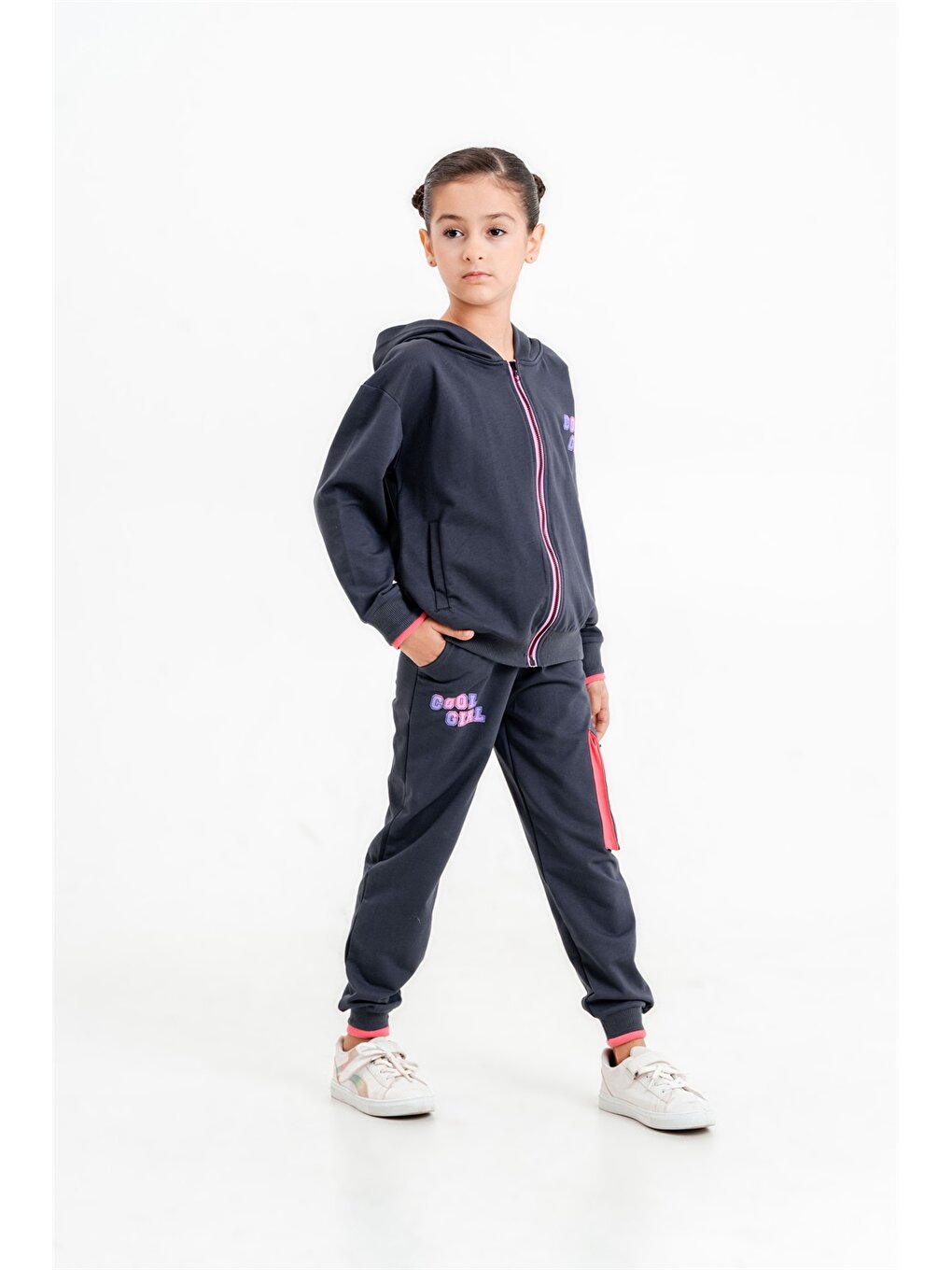 Hooded Printed Long Sleeve Girls' Zippered Sweatshirt and Sweatpants