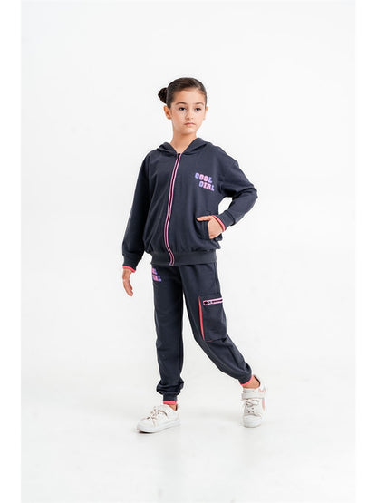 Hooded Printed Long Sleeve Girls' Zippered Sweatshirt and Sweatpants