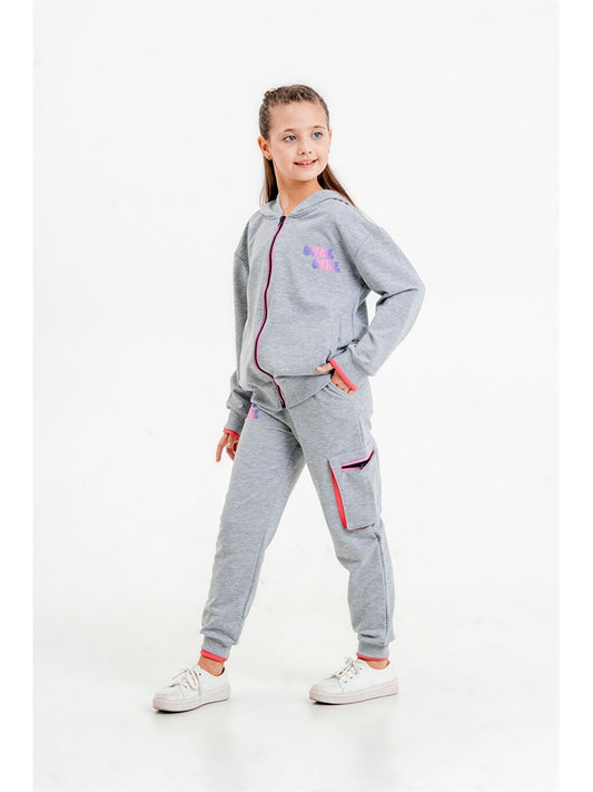 Hooded Printed Long Sleeve Girls' Zippered Sweatshirt and Sweatpants